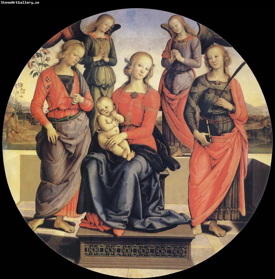 Pietro vannucci called IL perugino The Virgin and the Nino acompanados for two angeles, Holy Rose and Holy Catalina